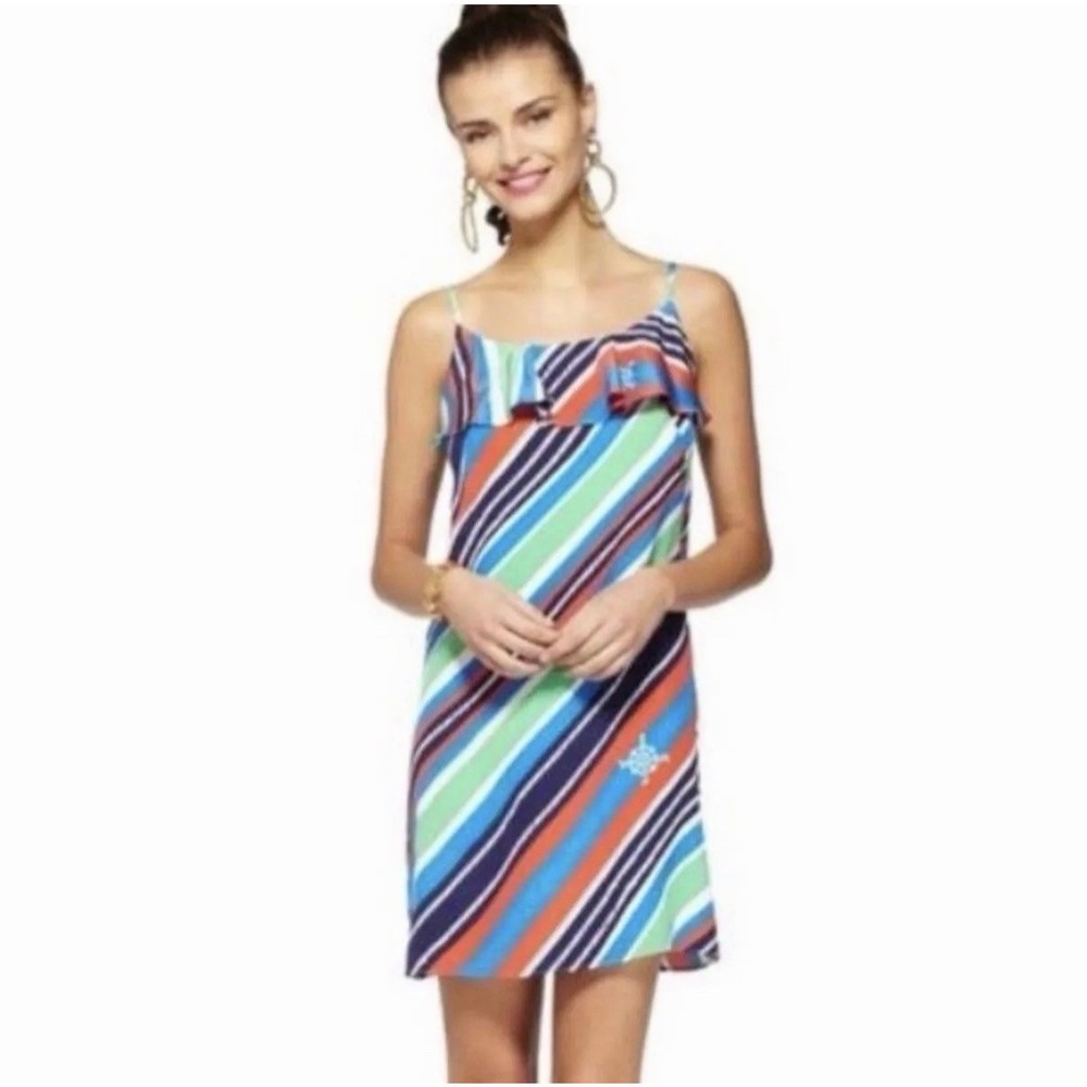 Lilly Pulitzer Overboard Nautical Striped Silk Laya Dress Ruffles Size Womens XL